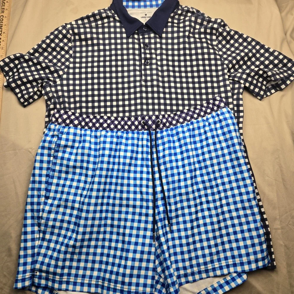 Draper James x Lands End Mens Gingham Polo and Swim Trunks‎ Set Blue Navy XL